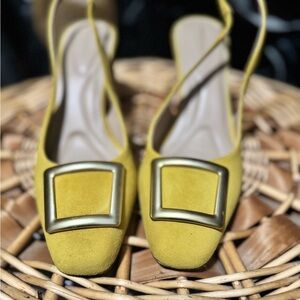 ANTONIO MELANI Yellow Suede Slingback Pumps with Gold Buckle